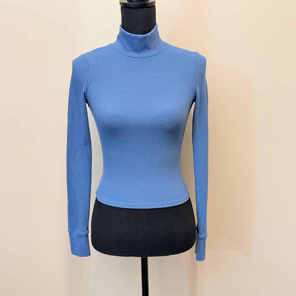Y2K American Eagle Blue Waffle Knit Mock Neck Long Sleeve Top Womens XS Thermal